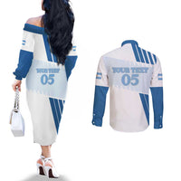 Custom Argentina 2024 Football Couples Matching Off The Shoulder Long Sleeve Dress and Long Sleeve Button Shirt Go Champions La Albiceleste