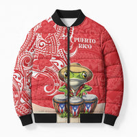 Personalized Puerto Rico Bomber Puffer Jacket Coqui Frog With Polynesian Pattern - Wonder Print Shop