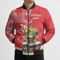 Personalized Puerto Rico Bomber Puffer Jacket Coqui Frog With Polynesian Pattern - Wonder Print Shop