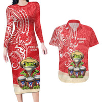 Personalized Puerto Rico Couples Matching Long Sleeve Bodycon Dress and Hawaiian Shirt Coqui Frog With Polynesian Pattern - Wonder Print Shop