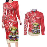 Personalized Puerto Rico Couples Matching Long Sleeve Bodycon Dress and Long Sleeve Button Shirt Coqui Frog With Polynesian Pattern - Wonder Print Shop