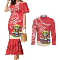 Personalized Puerto Rico Couples Matching Mermaid Dress and Long Sleeve Button Shirt Coqui Frog With Polynesian Pattern - Wonder Print Shop