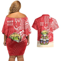 Personalized Puerto Rico Couples Matching Off Shoulder Short Dress and Hawaiian Shirt Coqui Frog With Polynesian Pattern - Wonder Print Shop