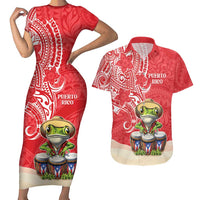 Personalized Puerto Rico Couples Matching Short Sleeve Bodycon Dress and Hawaiian Shirt Coqui Frog With Polynesian Pattern - Wonder Print Shop