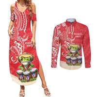 Personalized Puerto Rico Couples Matching Summer Maxi Dress and Long Sleeve Button Shirt Coqui Frog With Polynesian Pattern - Wonder Print Shop