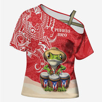 Personalized Puerto Rico Cross Shoulder Shirt Coqui Frog With Polynesian Pattern - Wonder Print Shop