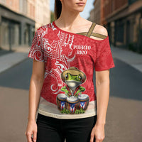 Personalized Puerto Rico Cross Shoulder Shirt Coqui Frog With Polynesian Pattern - Wonder Print Shop