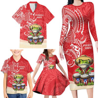Personalized Puerto Rico Family Matching Long Sleeve Bodycon Dress and Hawaiian Shirt Coqui Frog With Polynesian Pattern - Wonder Print Shop