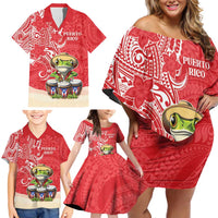 Personalized Puerto Rico Family Matching Off Shoulder Short Dress and Hawaiian Shirt Coqui Frog With Polynesian Pattern - Wonder Print Shop