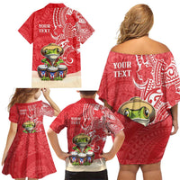 Personalized Puerto Rico Family Matching Off Shoulder Short Dress and Hawaiian Shirt Coqui Frog With Polynesian Pattern - Wonder Print Shop