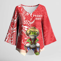 Personalized Puerto Rico Kimono Sleeve Blouse Coqui Frog With Polynesian Pattern - Wonder Print Shop