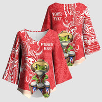 Personalized Puerto Rico Kimono Sleeve Blouse Coqui Frog With Polynesian Pattern - Wonder Print Shop