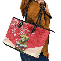 Puerto Rico Leather Tote Bag Coqui Frog With Polynesian Pattern - Wonder Print Shop