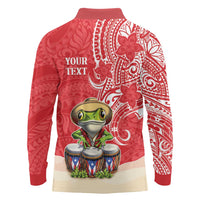 Personalized Puerto Rico Long Sleeve Polo Shirt Coqui Frog With Polynesian Pattern - Wonder Print Shop