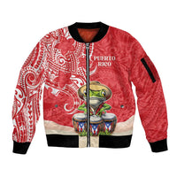 Personalized Puerto Rico Sleeve Zip Bomber Jacket Coqui Frog With Polynesian Pattern - Wonder Print Shop