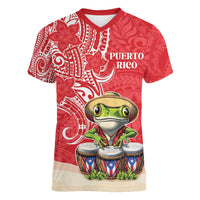 Personalized Puerto Rico Women V-Neck T-Shirt Coqui Frog With Polynesian Pattern - Wonder Print Shop