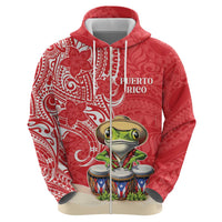 Personalized Puerto Rico Zip Hoodie Coqui Frog With Polynesian Pattern - Wonder Print Shop
