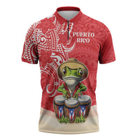 Personalized Puerto Rico Zipper Polo Shirt Coqui Frog With Polynesian Pattern - Wonder Print Shop