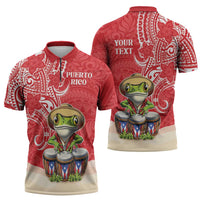 Personalized Puerto Rico Zipper Polo Shirt Coqui Frog With Polynesian Pattern - Wonder Print Shop