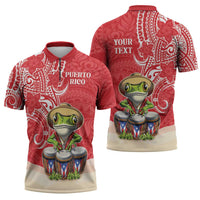 Personalized Puerto Rico Zipper Polo Shirt Coqui Frog With Polynesian Pattern - Wonder Print Shop
