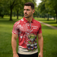 Personalized Puerto Rico Zipper Polo Shirt Coqui Frog With Polynesian Pattern - Wonder Print Shop