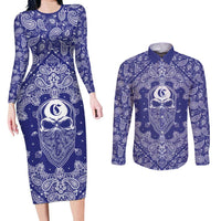 Blue Paisley Couples Matching Long Sleeve Bodycon Dress and Long Sleeve Button Shirt Skull Gangster - Wonder Print Shop