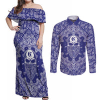 Blue Paisley Couples Matching Off Shoulder Maxi Dress and Long Sleeve Button Shirt Skull Gangster - Wonder Print Shop
