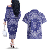 Blue Paisley Couples Matching Off The Shoulder Long Sleeve Dress and Hawaiian Shirt Skull Gangster - Wonder Print Shop