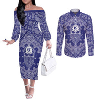 Blue Paisley Couples Matching Off The Shoulder Long Sleeve Dress and Long Sleeve Button Shirt Skull Gangster - Wonder Print Shop