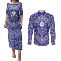 Blue Paisley Couples Matching Puletasi and Long Sleeve Button Shirt Skull Gangster - Wonder Print Shop