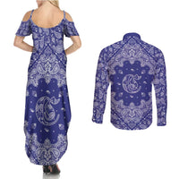 Blue Paisley Couples Matching Summer Maxi Dress and Long Sleeve Button Shirt Skull Gangster - Wonder Print Shop
