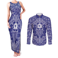 Blue Paisley Couples Matching Tank Maxi Dress and Long Sleeve Button Shirt Skull Gangster - Wonder Print Shop