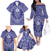 Blue Paisley Family Matching Off The Shoulder Long Sleeve Dress and Hawaiian Shirt Skull Gangster - Wonder Print Shop