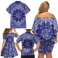 Blue Paisley Family Matching Off Shoulder Short Dress and Hawaiian Shirt Skull Gangster - Wonder Print Shop