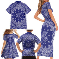 Blue Paisley Family Matching Short Sleeve Bodycon Dress and Hawaiian Shirt Skull Gangster - Wonder Print Shop