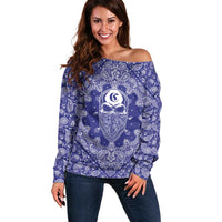 Blue Paisley Off Shoulder Sweater Skull Gangster - Wonder Print Shop