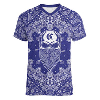 Blue Paisley Women V-Neck T-Shirt Skull Gangster - Wonder Print Shop