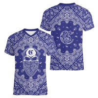 Blue Paisley Women V-Neck T-Shirt Skull Gangster - Wonder Print Shop