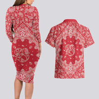 Red Paisley Couples Matching Long Sleeve Bodycon Dress and Hawaiian Shirt Skull Gangster - Wonder Print Shop