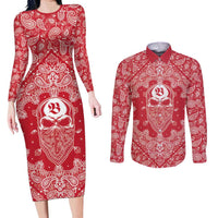 Red Paisley Couples Matching Long Sleeve Bodycon Dress and Long Sleeve Button Shirt Skull Gangster - Wonder Print Shop