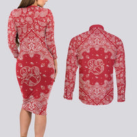 Red Paisley Couples Matching Long Sleeve Bodycon Dress and Long Sleeve Button Shirt Skull Gangster - Wonder Print Shop