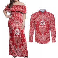 Red Paisley Couples Matching Off Shoulder Maxi Dress and Long Sleeve Button Shirt Skull Gangster - Wonder Print Shop