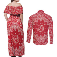 Red Paisley Couples Matching Off Shoulder Maxi Dress and Long Sleeve Button Shirt Skull Gangster - Wonder Print Shop