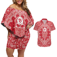 Red Paisley Couples Matching Off Shoulder Short Dress and Hawaiian Shirt Skull Gangster - Wonder Print Shop