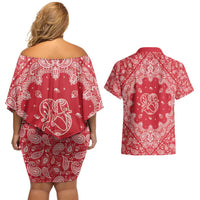 Red Paisley Couples Matching Off Shoulder Short Dress and Hawaiian Shirt Skull Gangster - Wonder Print Shop