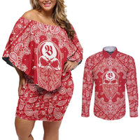Red Paisley Couples Matching Off Shoulder Short Dress and Long Sleeve Button Shirt Skull Gangster - Wonder Print Shop