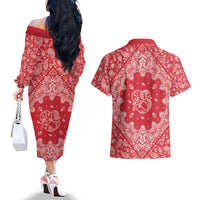 Red Paisley Couples Matching Off The Shoulder Long Sleeve Dress and Hawaiian Shirt Skull Gangster - Wonder Print Shop