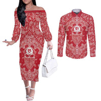 Red Paisley Couples Matching Off The Shoulder Long Sleeve Dress and Long Sleeve Button Shirt Skull Gangster - Wonder Print Shop