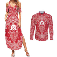 Red Paisley Couples Matching Summer Maxi Dress and Long Sleeve Button Shirt Skull Gangster - Wonder Print Shop