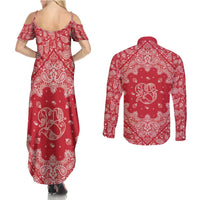 Red Paisley Couples Matching Summer Maxi Dress and Long Sleeve Button Shirt Skull Gangster - Wonder Print Shop